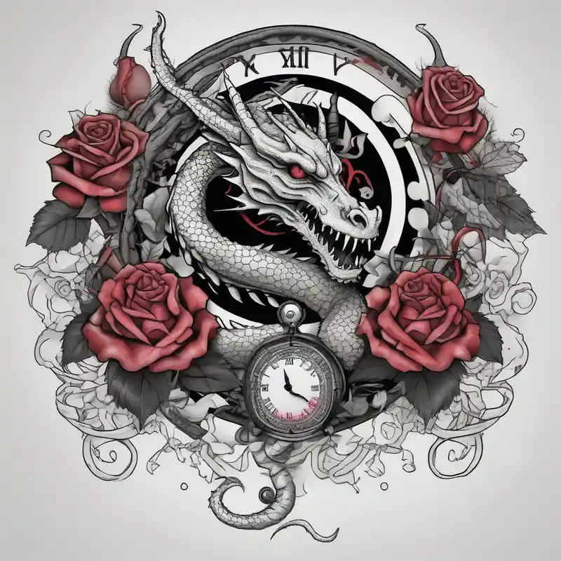 Horror dragon tattoo with cancer zodiac sign, roses and clock on background drake tattoos – Dotwork, Couleurs vives
